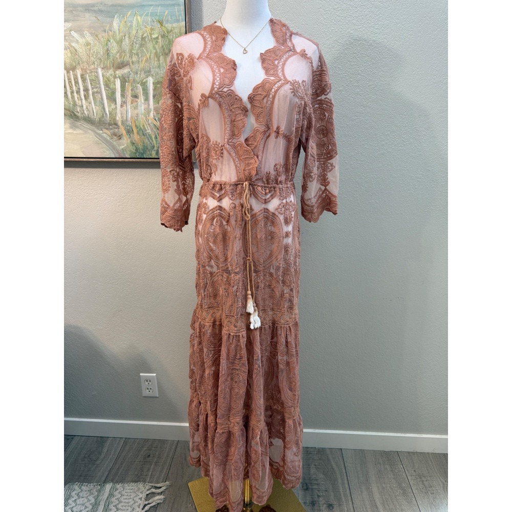 Boho Embroidered Lace Midi Dress Dusty Rose Tassel Tie Sheer Sleeve XL